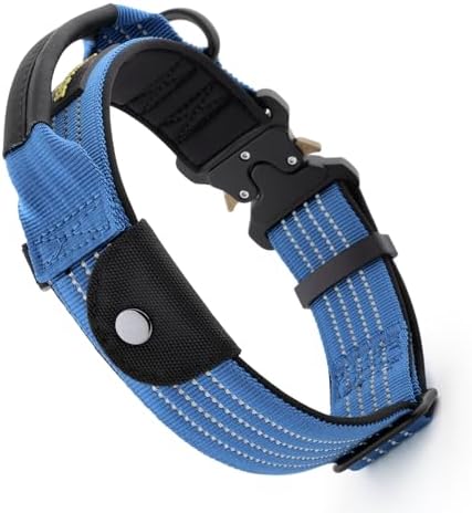 Plutus Pet Tactical Dog Collar with Pocket for AirTag, Blue, L
