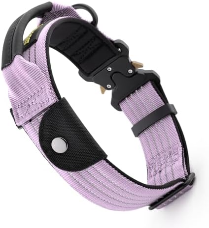 Plutus Pet Tactical Dog Collar with Pocket for AirTag, Purple, M