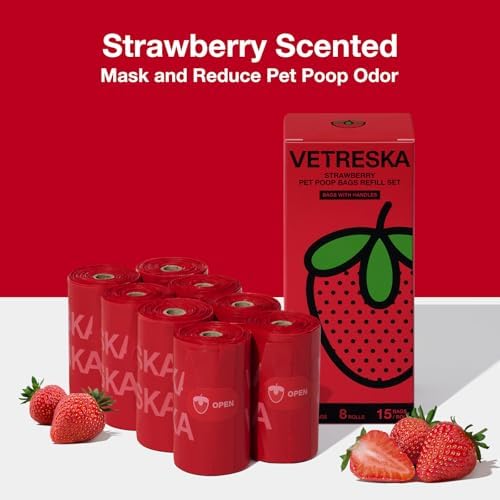 VETRESKA Dog Poop Bags with Handle 120 Count, Strawberry Scented Waste Bag