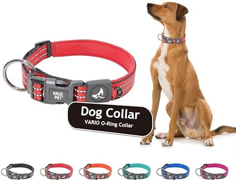Kruz Dog Collar for Large Dogs (Width- 1", Length - 25"-27.5") Reflective Adjustable Pet Neck Band with Comfortable Neoprene Padding, Heavy-Duty O-Ring, 100% Nylon Strap (Red, X-Large)