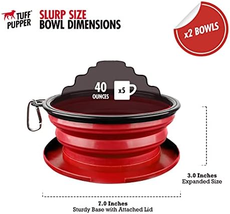 Tuff Pupper SuperBigSlurp Collapsible Dog Bowls | Two Pack Red Bowls | 40oz Extra Large Capacity | Portable, Food Safe, Odorless | Non-Toxic Silicone