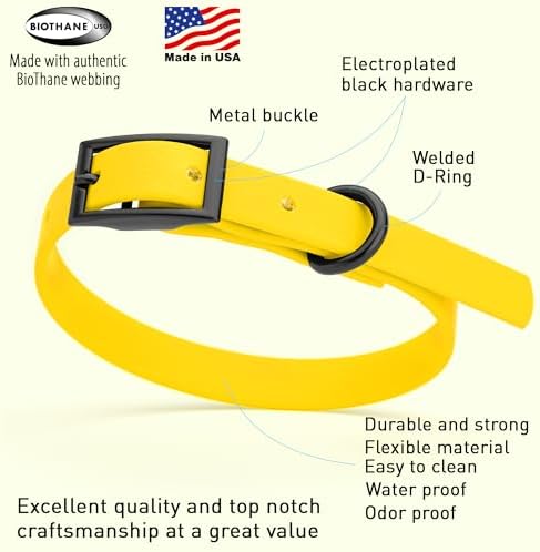 Dogline Biothane Waterproof Dog Collar Strong Coated Nylon Webbing with Black Hardware Odor- Proof for Easy Care Easy to Clean High Performance Fits Small Medium or Large Dogs, Lemon Yellow