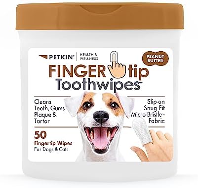 Petkin Fingertip Tooth Wipes for Dogs and Cats, 50 Finger Wipes - Slip-On, Snug Fit, Micro-Bristle Fabric - Cleans Teeth, Gums, Plaque & Tartar - Convenient, Ideal for Home and Travel - Peanut Butter
