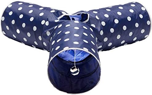 Cat Tunnel - Collapsible 3 Way Polka Dot Play Toy - Tube Fun for Rabbits, Kittens, and Dogs - Polka Dot Navy/White