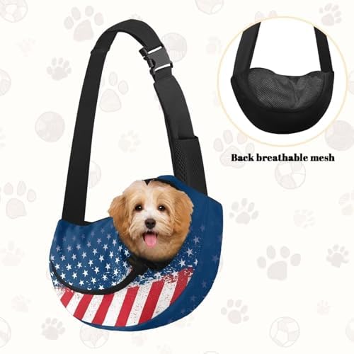 COEQINE Large Capacity Pet Carrier Sling Bag for Small Dogs 3-10 Ibs, American Flag Stars Print Reversible Crossbody Purse for Dogs and Cats Small Pouch Drawstring Dog Papoose Non-Anxiety