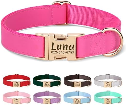 PET ARTIST Personalized Dog Collars, Custom Engraved Dog Collar with Silent Name Tag, Gold Quick Released Buckle & Soft Nylon Padded, 9 Colors & Matching Leash for Small Dogs,Hot Pink,S Fit 9-14"