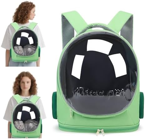 PETCUTE Cat Backpack Carrier,Transparent Space Capsule Dog Hiking Backpack with Safety Hook,Small Pet Carrier for Cats Puppies,Airline Approved Travel Bag for Travel Hiking Walking Camping,Green
