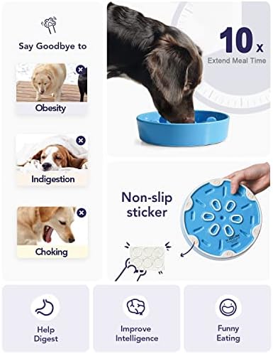 LE TAUCI PET Slow Feeder Dog Bowl Ceramic, 1.5 Cups, Blue, Non-slip Base