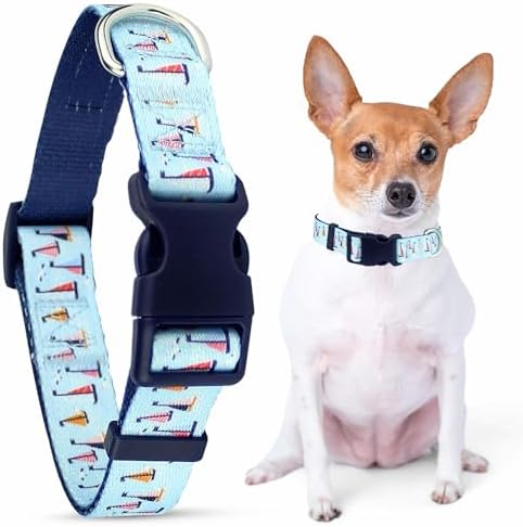 Parisian Pet Blue Sailboat Dog Collar - Adjustable Nautical Pet Collar with Secure Buckle and Metal D-Ring - Comfortable Designer Puppy Collars - Durable Nylon Dog Collars for Small Dogs