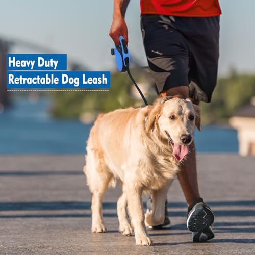 26Ft Retractable Dog Leash with Chew Proof Cable,Heavy Duty Dog Leash with Removable Poop Bags for Medium Large Dogs up to 110lbs,Strong Nylon Tape No Tangle,One-Handed Brake (Blue)