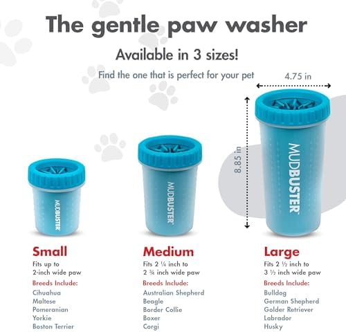 Dexas MudBuster Large Dog Paw Cleaner, Blue, Fits 2.5"-3.5" Wide Paws, Gentle Silicone Bristles for Quick, Easy Cleaning