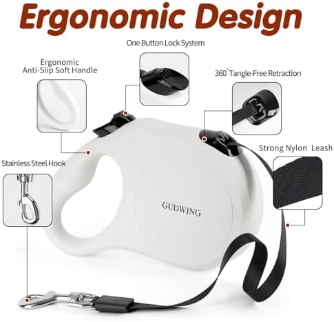 26FT Retractable Dog Leash, Heavy Duty Great Leash for Dog up to 110 lbs, 360° Tangle-Free RetractionOne-Handed Brake, Strong Nylon Tape (Large, White)