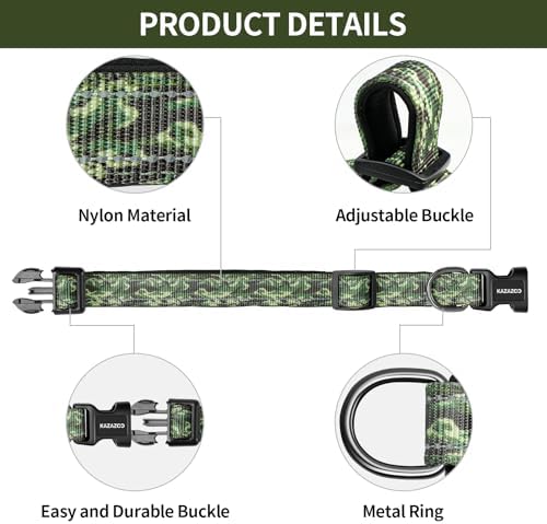 Kazazoo Medium Dog Collar, Reflective Nylon Collar,No Pull,Soft Neoprene Breathable & Quick Release Buckle Dog Collars for Bulldog,Husky,Border Collie-Green camo-M