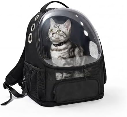 Amazon Basics Pet Carrier Backpack for Small Cats & Dogs, Collapsible Travel Carrier with Bubble Window & Breathable Mesh, Foldable for Travel, Black
