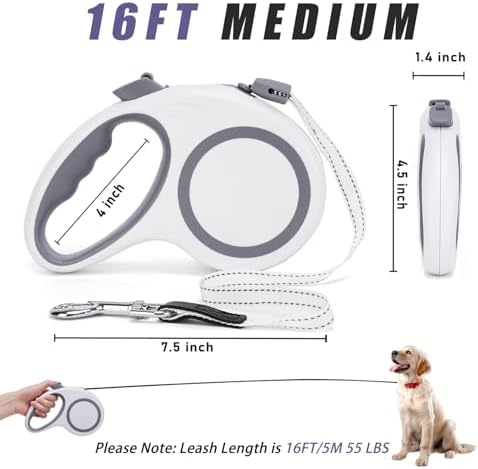 Retractable Dog Leash, 20 FT Dog Walking Leash for Small Medium Large Dogs up to 44 lbs, Heavy Duty No Tangle (White, 20 FT (0-44 lbs))