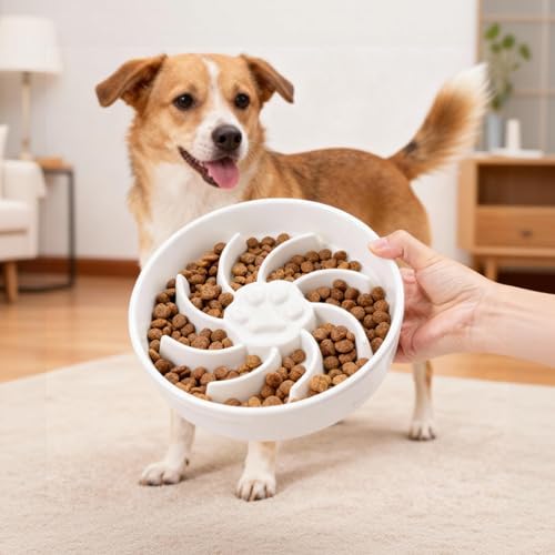 Ceramic Slow Feeder Dog Bowl, 3 Cup Dog Food or 25oz Water, Slow Eating Bowl for Middle Breed, Maze Puzzle Feeder for Fast Eaters, Anti-Choking Stop Bloat, Non-Slip BPA Free (White)