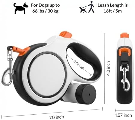 16ft Retractable Dog Leash for Medium Dogs up to 66 lbs, White