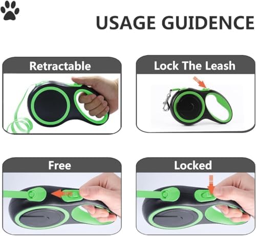 Dual Retractable Dog Leash for 2 Dogs - 16ft Heavy-Duty Retractable Leash for Small to Medium Dogs up to 44lbs, One-Hand Control with Lock & Brake, Anti-Tangle Design & Non-Slip Grip (Green)