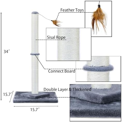 HUTPET 34" Tall Cat Scratching Post Double Base and Reinforcement Design Anti tilt,Sisal Scratch Posts Trees with Feather Toys for Indoor Cats(Gray)