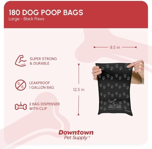 Downtown Pet Supply Poop Bags for Dogs with Dispenser, 180 Count - Leak-Proof Dog Waste Bags and Bone-Shaped Dog Poop Bags Holder for Leash - Black with Paw Prints, 12.5" x 8.5"