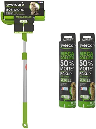 Evercare Pet Mega Lint Roller Value Pack with Two 50-Sheet Refills - Includes Refillable Lint Roller, Adhesive Sheets, Versatile Cleaning Uses, Home and On-The-Go Use, Extendable Handle