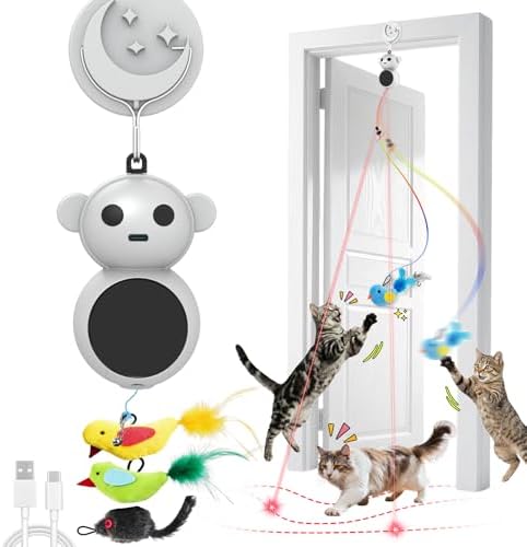 Interactive Cat Toys for Indoor Cats: 2-in-1 Laser Pointer Cat Toy with Automatic Flying Bird & Mouse Wand, Adjustable Speed USB Rechargeable Doorway Hanging Toy for Bored Kittens and Adult Cats