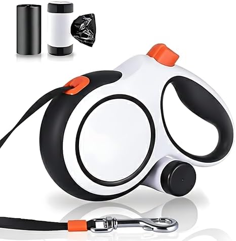 26Ft Heavy Duty Retractable Dog Leash with Dispenser and Poop Bags, for Small, Medium & Large Dogs Up to 110Lbs, 360° Tangle-Free Design and a Durable Chrome Plated Hook