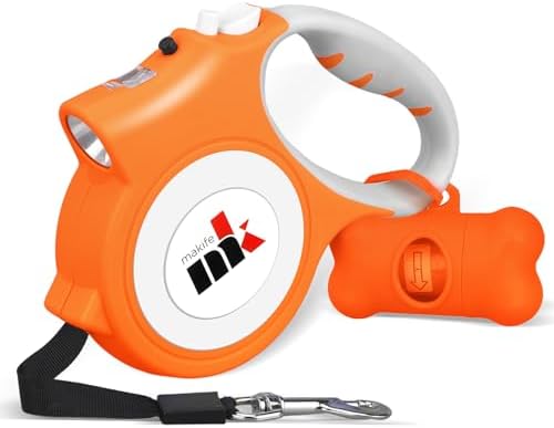Retractable Dog Leash with LED Light Makife 5m Extendable Dog Lead for Small Medium Puppis up to 25kgs, One-Hand Brake & Lock System, Ergonomic Handle (Orange)