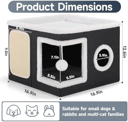 Shikha Cat House Bed for Indoor Cats with Fluffy Ball and Scratch Pad Black