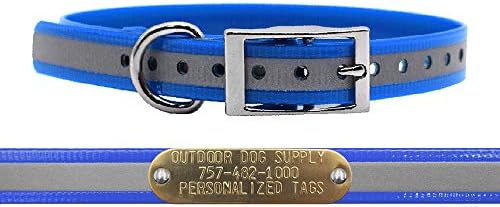 Reflective Waterproof D-Ring Dog Collar w Custom Name Tag, Light Blue
