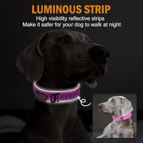 HYDEME Tactical Dog Collar, Alpine Loop Adjustable Military Training Nylon Dog Collars with Handle and Reflective for Small Medium Large Dogs, with Airtags Protective Case & Patches.(L,Pink)