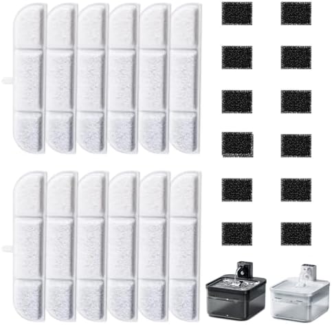 12Packs Replacement Filters Compatible with Downy Paws Cat Water Fountain - Triple Filtration Filters for DownyPaws 84oz/2.5L Wireless Pet Fountain DPWFP6 (12 Filters & 12 Sponges)
