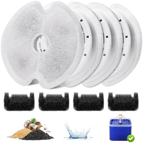 4 Packs Cat Water Fountain Filters for Ultra Silent Cat Fountain 67oz/2L with LED Night Light, Triple Filtration System Activated Carbon Filter with Pre-Filter Sponges for Pet Water Fountain