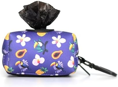 KIKI & RIKI Premium Dog Poop Bag Holder, Waste Bag Dispenser with Leash Clip, Artist-Designed Print (Designed in Georgia), Includes 1 Starter Roll of Bags, Fits Standard Rolls, Purple (Tropical Vibes)