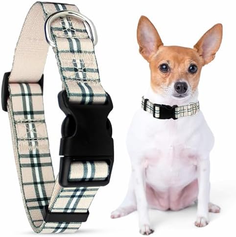 Parisian Pet Plaid Dog Collar - Adjustable Scottish Khaki Pet Collar with Secure Buckle and Metal D-Ring - Comfortable Designer Puppy Collars - Durable Nylon Checkered Dog Collars for Small Dogs
