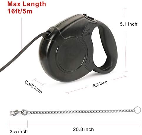 Idepet Heavy Duty Retractable Dog Leash for Small and Medium Dogs, Anti-Chewing Steel Chain 360 Degree Tangle-Free,Break and Lock System,16ft Leash for Dog Walking (Black, Flat Rope)
