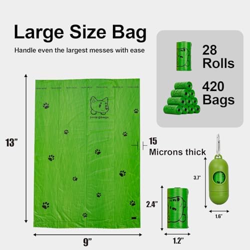 Dog Poop Bags Rolls With Dispenser, Strong and Leak-proof Waste Bags for Pets, Floral Scented, 420 Count (28 Packs of 15), 13 Inch x 9 Inch (Green)
