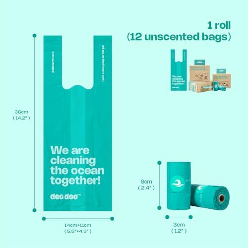 Deo Doo Dog Poop Bags with Handles 144 Bags, Ocean-Recycled, Unscented