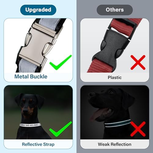 Reflective Personalized Dog Collar - Custom Embroidered Dog Collars with Pet Name and Phone Number for Boy and Girl Dogs, 4 Adjustable Sizes, XSmall,Small, Medium and Large (Metal Buckle)