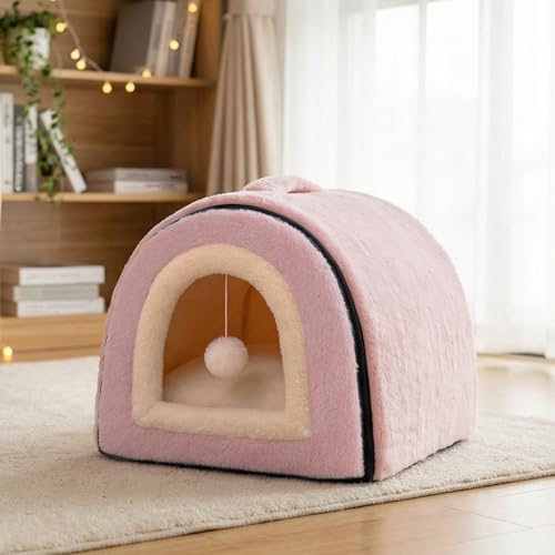 Cat Bed for Indoor Cats，Foldable cat cave，Anti-Slip & Water-Resistant Bottom，cat Houses for Indoor Cats or Small Dogs, Kitten Tent, Rabbit Bed (Pink, L:(17.5"×16.9"×15.9"))