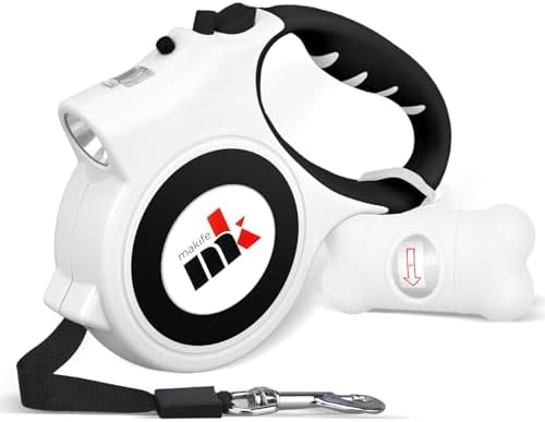 Retractable Dog Leash with LED Light Makife 5m Extendable Dog Lead for Small Medium Puppis up to 25kgs, One-Hand Brake & Lock System, Ergonomic Handle (White)