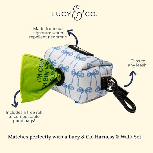 Lucy & Co. Bowwow Wow! Dog Poop Bag Holder and Dispenser, Clips to Leash, Water-Repellent Neoprene, Includes Refill Roll