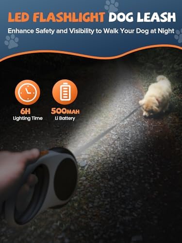 Retractable Dog Leash with LED Flashlight, Douexio Upgrade 3 in 1 Dog Leash Retractable for Small Medium Dogs Up to 66 lbs, 16ft, Anti-Slip Handle (Black-White)