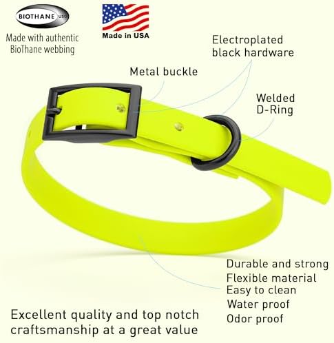 Dogline Biothane Waterproof Dog Collar Strong Coated Nylon Webbing with Black Hardware Odor- Proof for Easy Care Easy to Clean High Performance Fits Small Medium or Large Dogs, Safety Yellow