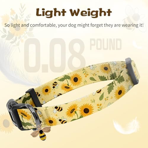 Kazazoo Dog Collar Cute and Soft Nylon Puppy Collar for Boy and Girl Dogs, Adjustable Dog Collars for Extra Small Dogs, Bees and Sunflowers-XS