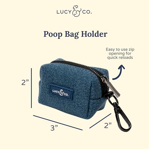 Lucy & Co. Blue Jeans Dog Poop Bag Holder and Dispenser, Clips to Leash, Water-Repellent Neoprene, Includes Refill Roll