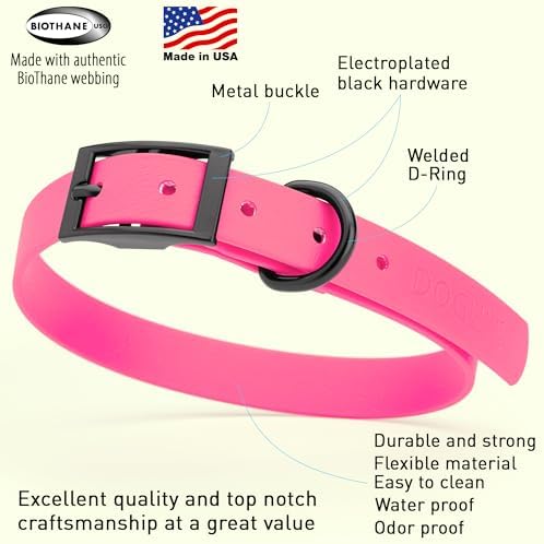 Dogline Biothane Waterproof Dog Collar Strong Coated Nylon Webbing with Black Hardware Odor- Proof for Easy Care Easy to Clean High Performance Fits Small Medium or Large Dogs, Passionfruit Pink