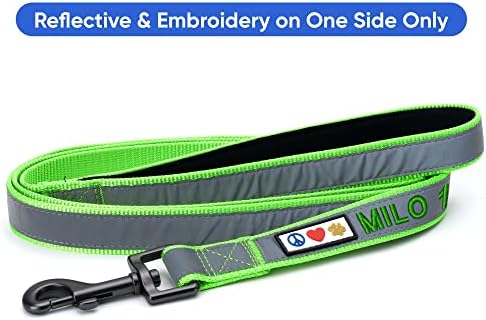 Pawtitas Personalized Green Dog Leash 6 ft Custom ID Lead for Dogs & Puppies Reflective Comfortable Padded Handle Embroidered Name & Phone Number
