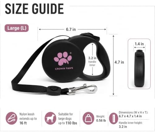 Retractable Dog Leash, 16ft Heavy Duty Nylon Tape for Large Dogs up to 110 lbs, One-Hand Brake & Lock, Tangle-Free, Ergonomic 3.2" XL Handle, Lightweight 0.56lb Black L GC-DAN