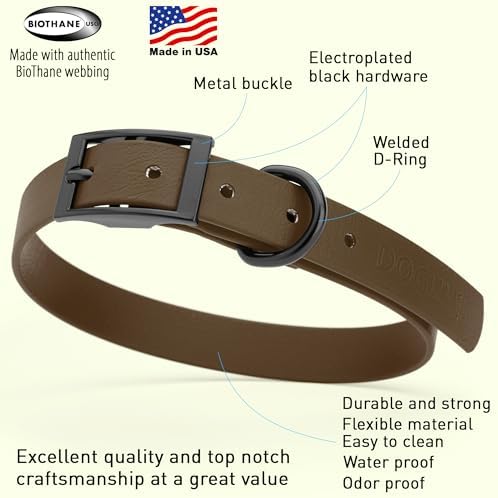 Dogline Biothane Waterproof Dog Collar Strong Coated Nylon Webbing with Black Hardware Odor- Proof for Easy Care Easy to Clean High Performance Fits Small Medium or Large Dogs, Dark Chocolate Brown
